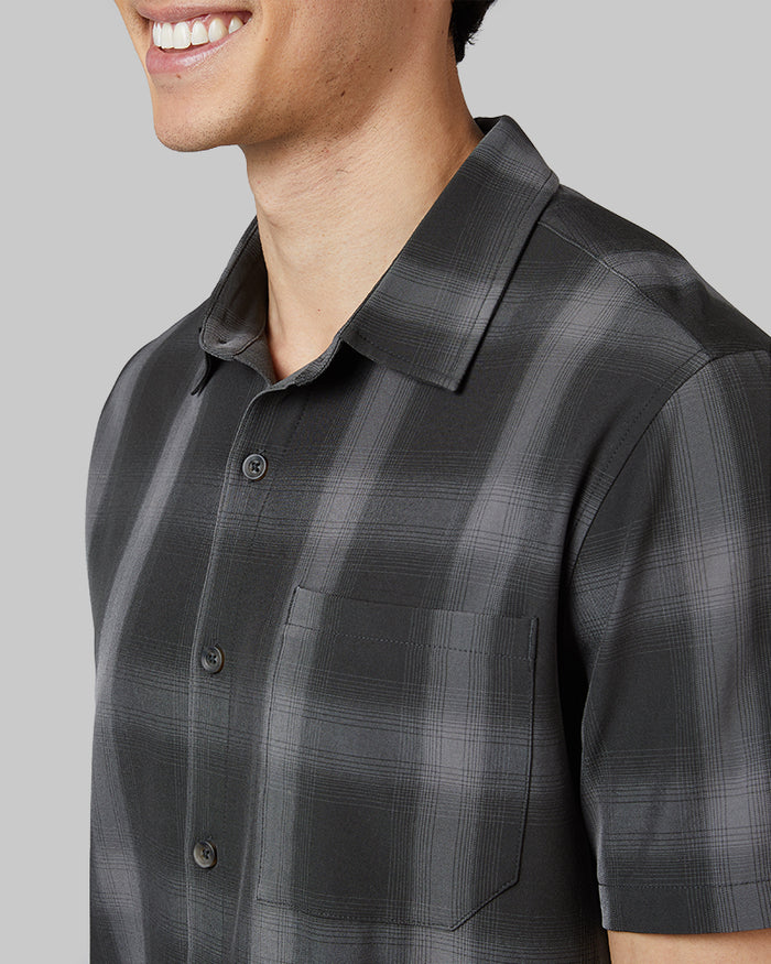 32 Degrees Dark Shadow Plaid _ Men's Casual short sleeve Dress shirt {model: Warwick is 6'1", wearing size M}{bottom}{right} {bottom}{right}