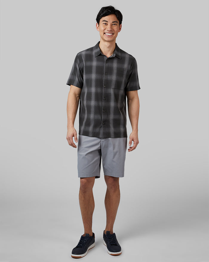 32 Degrees Dark Shadow Plaid _ Men's Casual short sleeve Dress shirt {model: Warwick is 6'1", wearing size M}{bottom}{right} {bottom}{right}