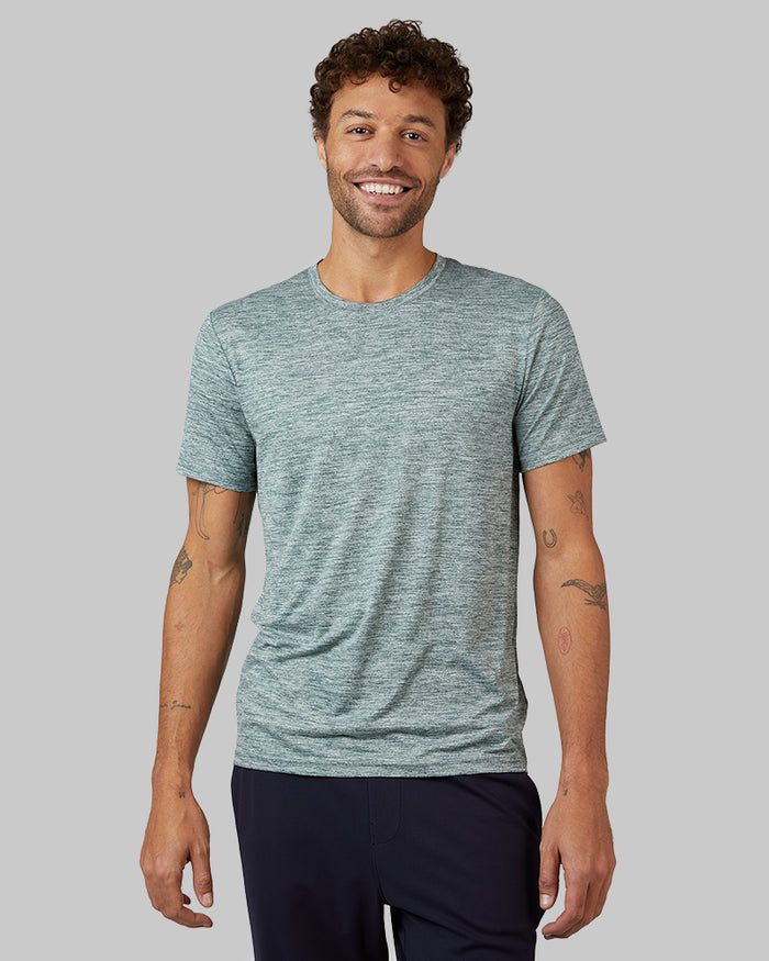 32 Degrees Everpine Space Dye _ Men's Cool Active T-shirt {model: Miguel is 6'2", wearing size M}{bottom}{right} {bottom}{right}