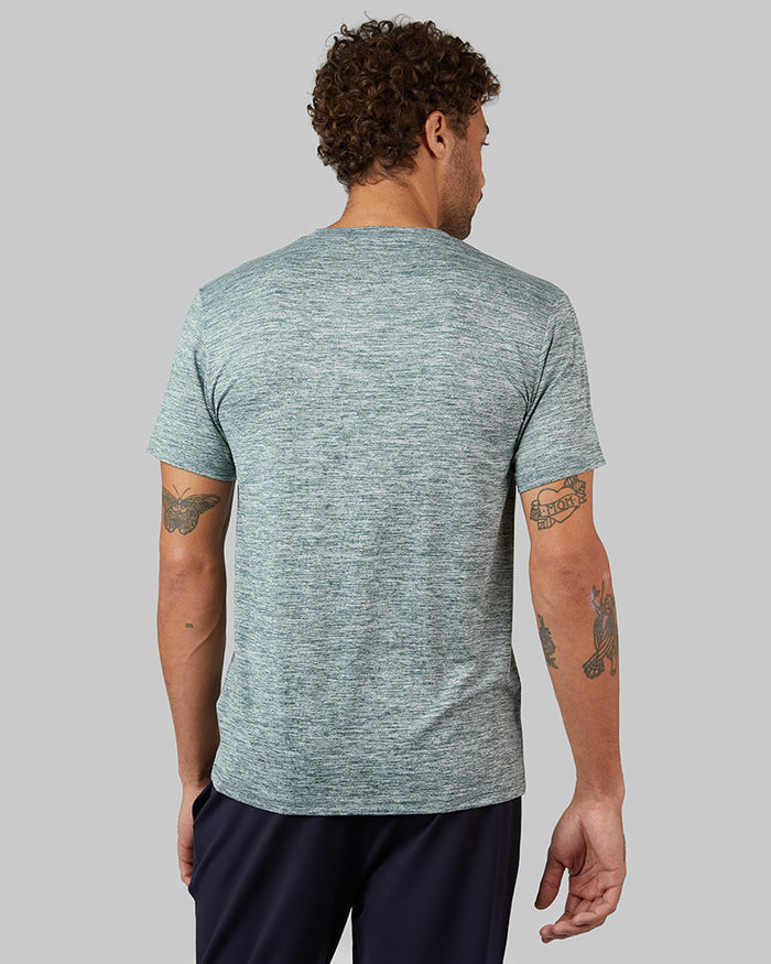 32 Degrees Everpine Space Dye _ Men's Cool Active T-shirt {model: Miguel is 6'2", wearing size M}{bottom}{right} {bottom}{right}