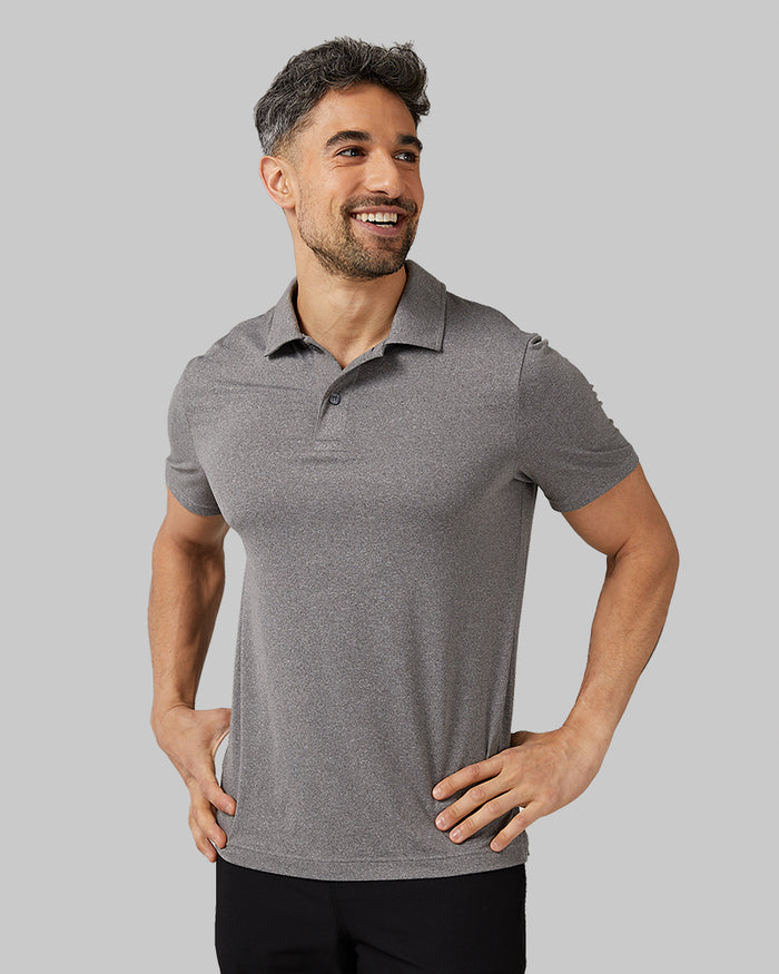 32 Degrees Grey Heather_ Men's Cool Classic Polo  {model: Daniel is 6'2", wearing size M}{bottom}{right}