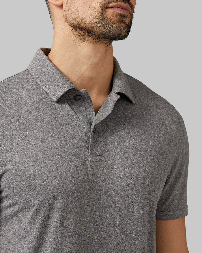 32 Degrees Grey Heather_ Men's Cool Classic Polo  {model: Daniel is 6'2", wearing size M}{bottom}{right}