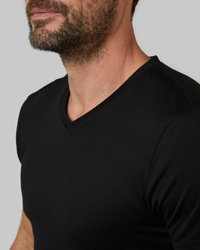32 Degrees Black _ Men's Cool Classic Vneck T-Shirt {model: Cedric is 6'1.5", wearing size M}{bottom}{right}{bottom}{right}
