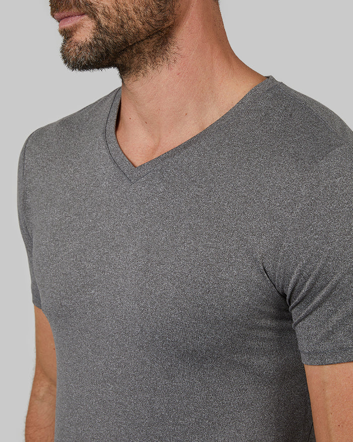 32 Degrees Grey Heather _ Men's Cool Classic Vneck T-Shirt {model: Cedric is 6'1.5", wearing size M}{bottom}{right}{bottom}{right}