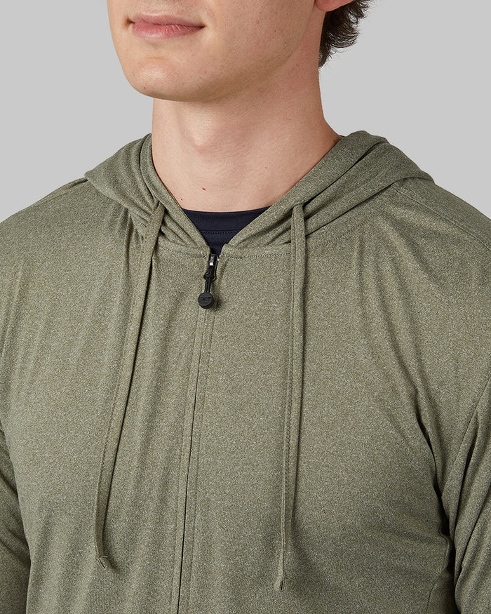 32 Degrees Oregano Heather _ Men's Cool Full-Zip Hoodie {model: Trevor is 6'1", wearing size M}{bottom}{right} {bottom}{right}