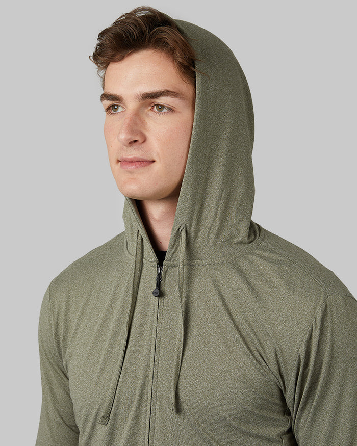 32 Degrees Oregano Heather _ Men's Cool Full-Zip Hoodie {model: Trevor is 6'1", wearing size M}{bottom}{right} {bottom}{right}