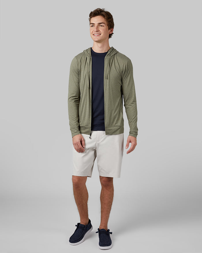 32 Degrees Oregano Heather _ Men's Cool Full-Zip Hoodie {model: Trevor is 6'1", wearing size M}{bottom}{right} {bottom}{right}