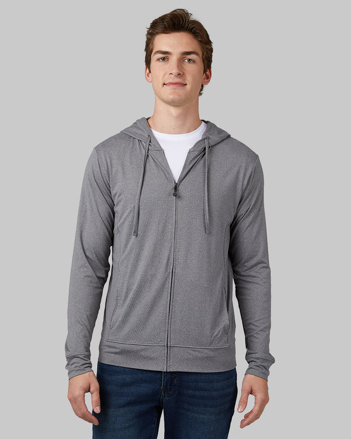 32 Degrees Storm Grey Heather _ Men's Cool Full-Zip Hoodie {model: Trevor is 6'1", wearing size M}{bottom}{right} {bottom}{right}