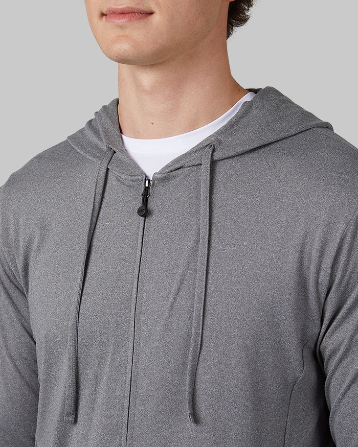 32 Degrees Storm Grey Heather _ Men's Cool Full-Zip Hoodie {model: Trevor is 6'1", wearing size M}{bottom}{right} {bottom}{right}