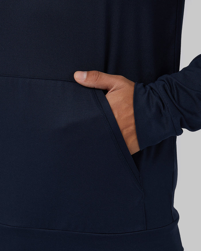32 Degrees Navy _ Men's Cool Long Sleeve Hooded T-Shirt {model: Markus is 6', wearing size M}{bottom}{right}{bottom}{right}