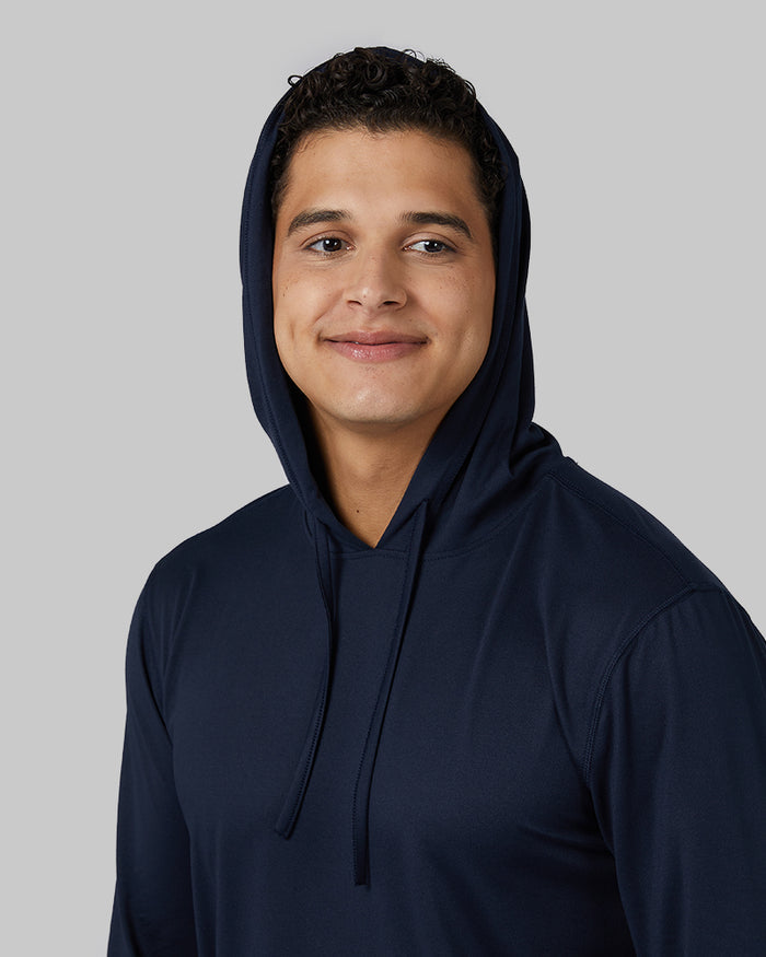 32 Degrees Navy _ Men's Cool Long Sleeve Hooded T-Shirt {model: Markus is 6', wearing size M}{bottom}{right}{bottom}{right}