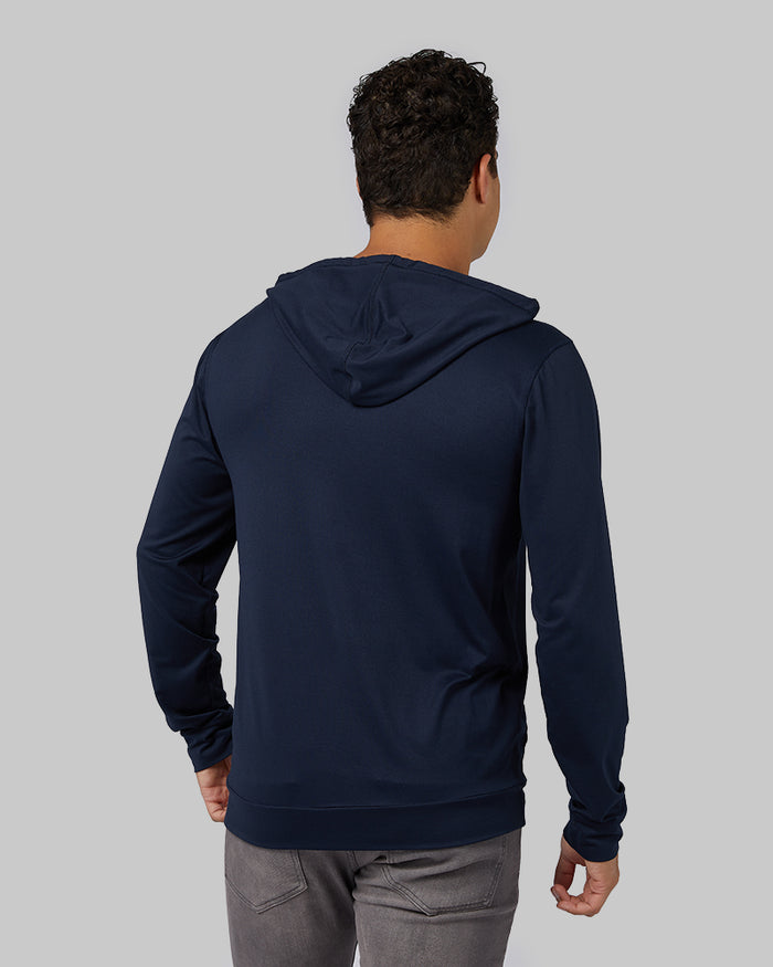 32 Degrees Navy _ Men's Cool Long Sleeve Hooded T-Shirt {model: Markus is 6', wearing size M}{bottom}{right}{bottom}{right}