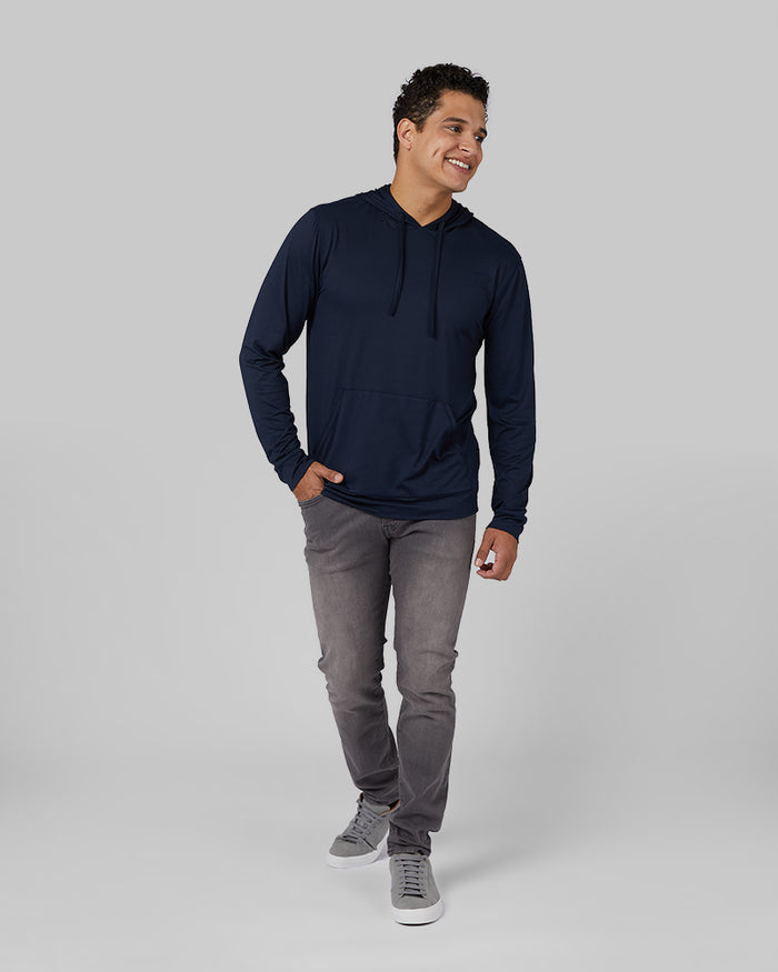 32 Degrees Navy _ Men's Cool Long Sleeve Hooded T-Shirt {model: Markus is 6', wearing size M}{bottom}{right}{bottom}{right}