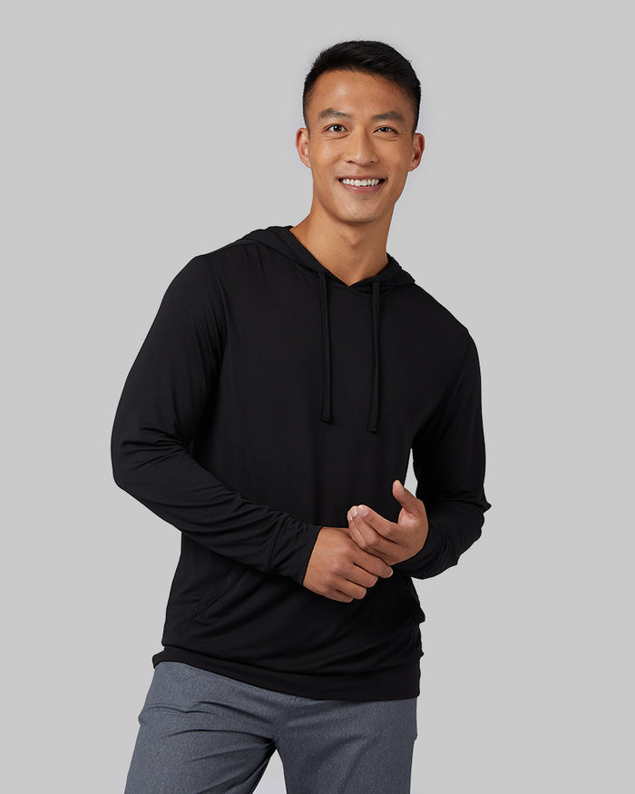 32 Degrees Black _ Men's Cool Long Sleeve Hooded T-Shirt {model: Shu is 6'1", wearing size M}{bottom}{right}{bottom}{right}