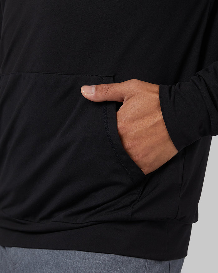 32 Degrees Black _ Men's Cool Long Sleeve Hooded T-Shirt {model: Shu is 6'1", wearing size M}{bottom}{right}{bottom}{right}