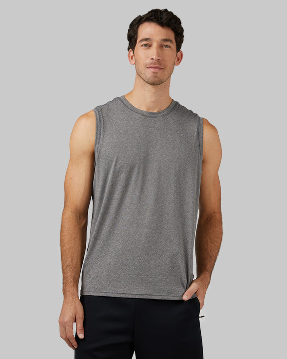 32 Degrees Grey Heather _ Men's Cool Relaxed Tank {model: Fran is 6'2", wearing size M}{bottom}{right} {bottom}{right}