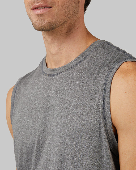32 Degrees Grey Heather _ Men's Cool Relaxed Tank {model: Fran is 6'2", wearing size M}{bottom}{right} {bottom}{right}