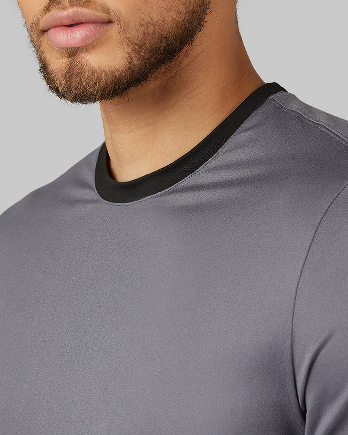 32 Degrees Storm Grey _ Men's Cool Ringer T-shirt {model: Beau is 6'2", wearing size M}{bottom}{right} {bottom}{right}