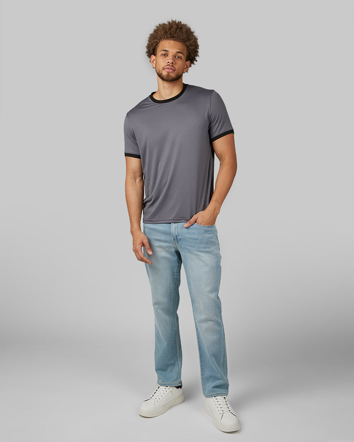 32 Degrees Storm Grey _ Men's Cool Ringer T-shirt {model: Beau is 6'2", wearing size M}{bottom}{right} {bottom}{right}