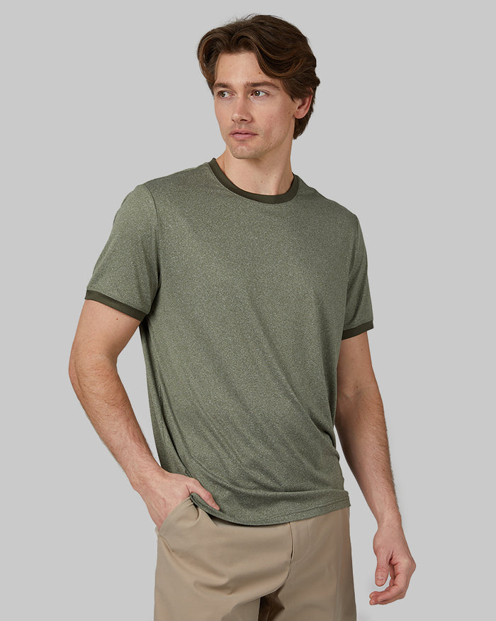 32 Degrees Oregano Heather _ Men's Cool Ringer T-shirt {model: Michael is 6'0", wearing size M}{bottom}{right} {bottom}{right}
