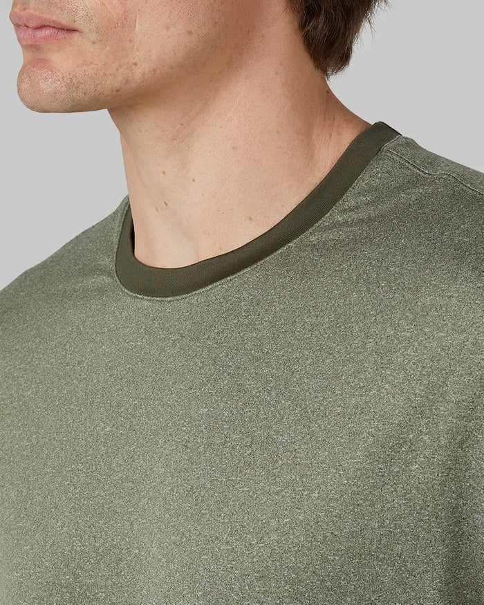 32 Degrees Oregano Heather _ Men's Cool Ringer T-shirt {model: Michael is 6'0", wearing size M}{bottom}{right} {bottom}{right}