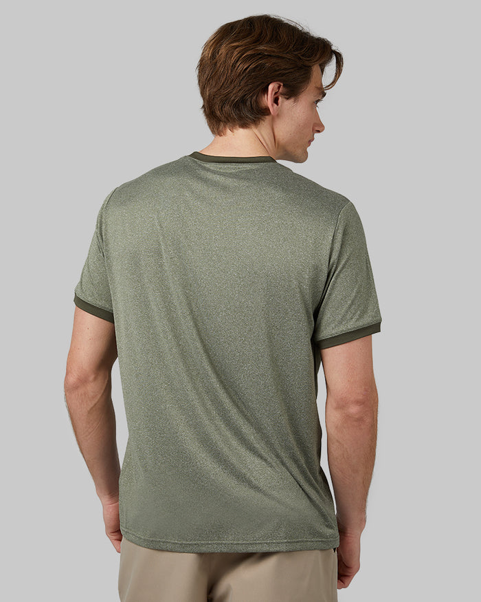 32 Degrees Oregano Heather _ Men's Cool Ringer T-shirt {model: Michael is 6'0", wearing size M}{bottom}{right} {bottom}{right}