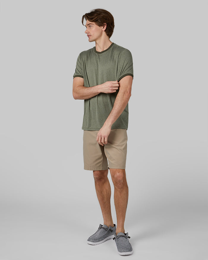 32 Degrees Oregano Heather _ Men's Cool Ringer T-shirt {model: Michael is 6'0", wearing size M}{bottom}{right} {bottom}{right}