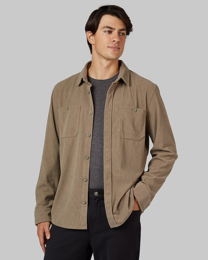 32 Degrees British Khaki _ Men's Corduroy shirt Jacket {model: Brent is 6'1", wearing size M}{bottom}{right} {bottom}{right}