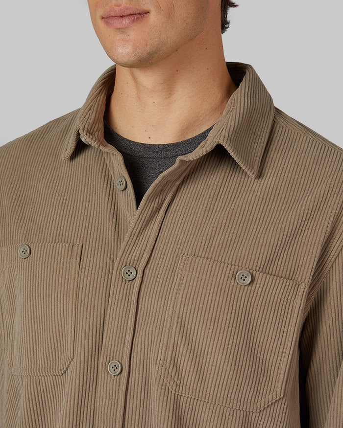 32 Degrees British Khaki _ Men's Corduroy shirt Jacket {model: Brent is 6'1", wearing size M}{bottom}{right} {bottom}{right}