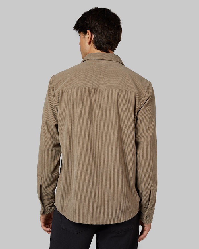 32 Degrees British Khaki _ Men's Corduroy shirt Jacket {model: Brent is 6'1", wearing size M}{bottom}{right} {bottom}{right}