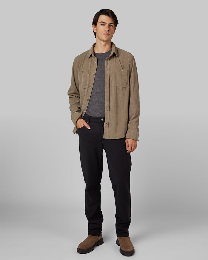 32 Degrees British Khaki _ Men's Corduroy shirt Jacket {model: Brent is 6'1", wearing size M}{bottom}{right} {bottom}{right}