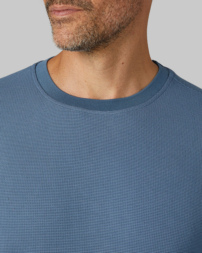 32 Degrees Dusky Blue _ Men's Everyday Comfort Long sleeve Henley {model: Eduardo is 6'1", wearing size M}{bottom}{right} {bottom}{right}