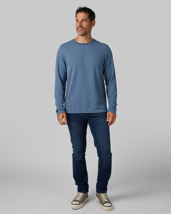 32 Degrees Dusky Blue _ Men's Everyday Comfort Long sleeve Henley {model: Eduardo is 6'1", wearing size M}{bottom}{right} {bottom}{right}