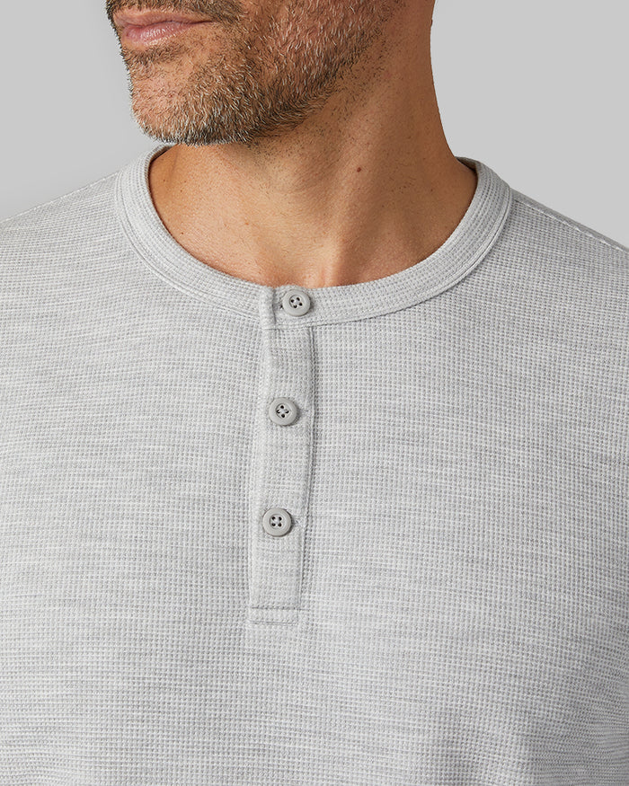 32 Degrees Grey Heather _ Men's Everyday Comfort Long sleeve Henley T-shirt {model: Eduardo is 6'1", wearing size M}{bottom}{right} {bottom}{right}