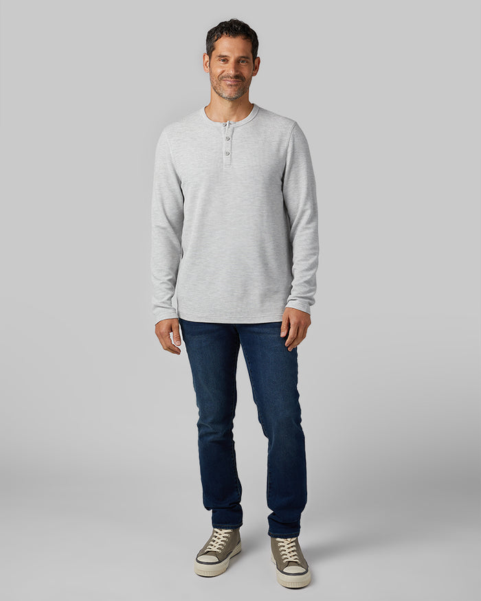 32 Degrees Grey Heather _ Men's Everyday Comfort Long sleeve Henley T-shirt {model: Eduardo is 6'1", wearing size M}{bottom}{right} {bottom}{right}