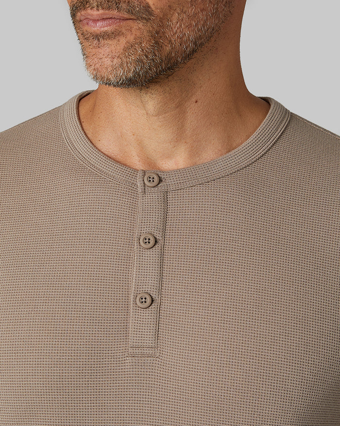 32 Degrees Taupe _ Men's Everyday Comfort Long sleeve Henley T-shirt {model: Eduardo is 6'1", wearing size M}{bottom}{right} {bottom}{right}