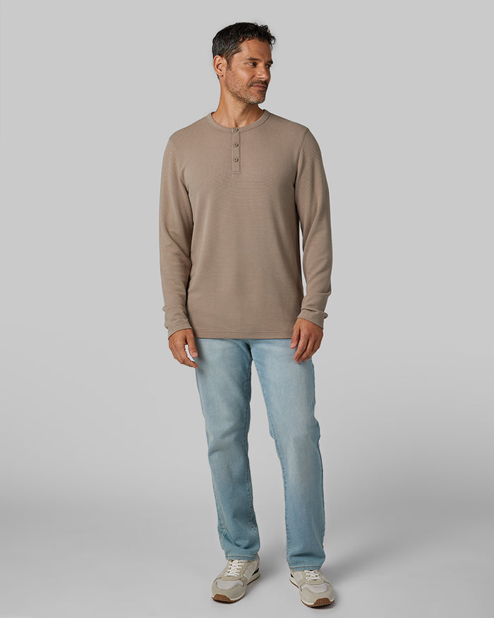 32 Degrees Taupe _ Men's Everyday Comfort Long sleeve Henley T-shirt {model: Eduardo is 6'1", wearing size M}{bottom}{right} {bottom}{right}