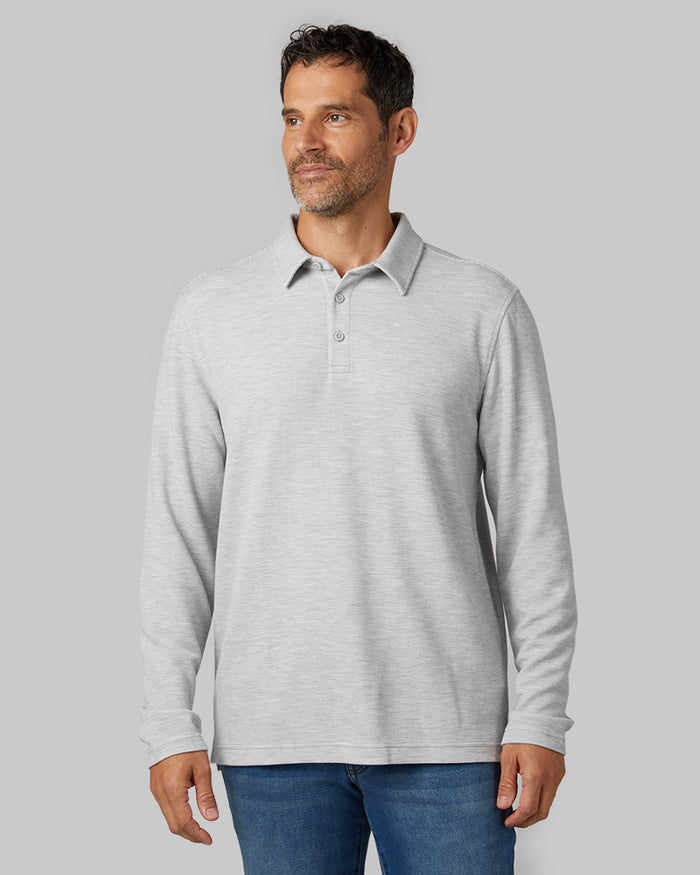 32 Degrees Grey Heather _ Men's Everyday Comfort Long sleeve Polo {model: Eduardo is 6'1", wearing size M}{bottom}{right} {bottom}{right}