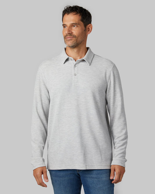 32 Degrees Grey Heather _ Men's Everyday Comfort Long sleeve Polo {model: Eduardo is 6'1", wearing size M}{bottom}{right} {bottom}{right}