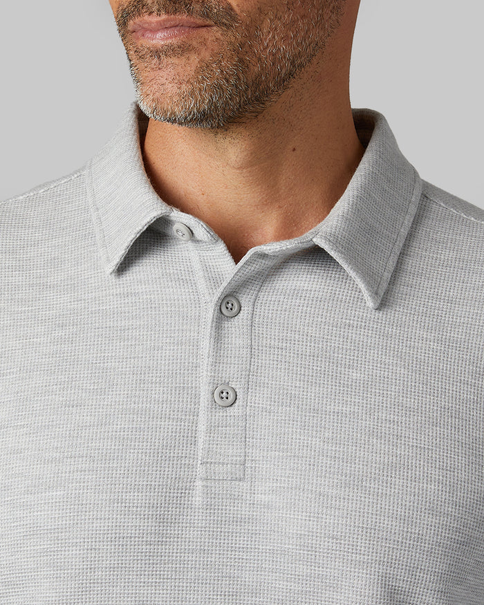 32 Degrees Grey Heather _ Men's Everyday Comfort Long sleeve Polo {model: Eduardo is 6'1", wearing size M}{bottom}{right} {bottom}{right}