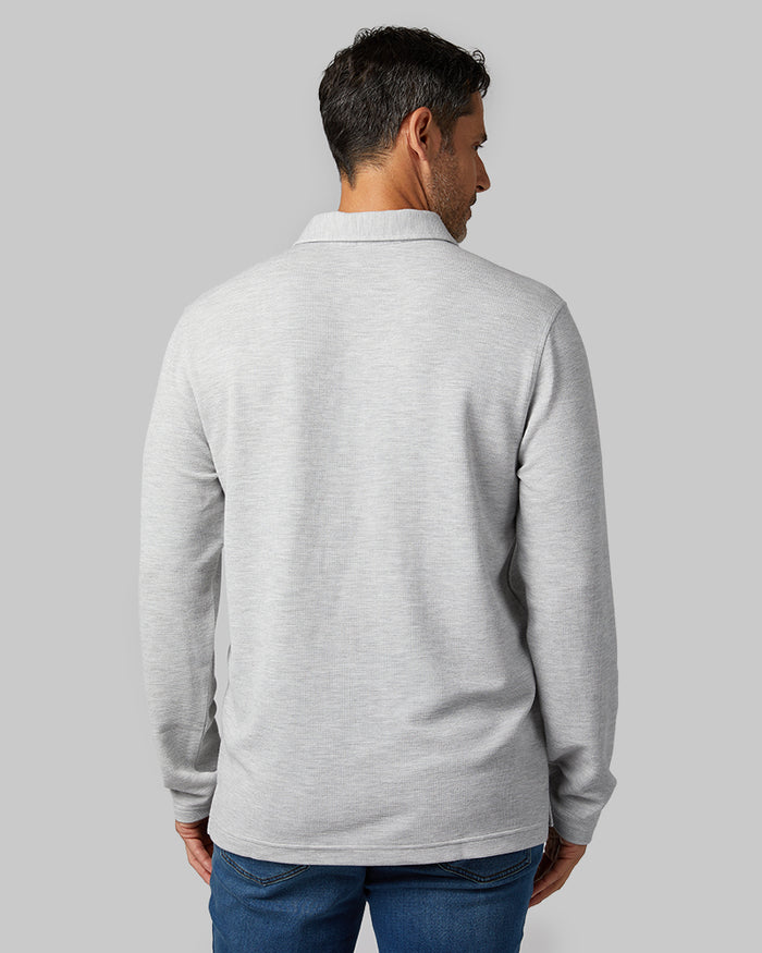 32 Degrees Grey Heather _ Men's Everyday Comfort Long sleeve Polo {model: Eduardo is 6'1", wearing size M}{bottom}{right} {bottom}{right}