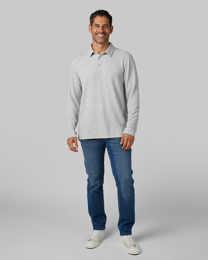 32 Degrees Grey Heather _ Men's Everyday Comfort Long sleeve Polo {model: Eduardo is 6'1", wearing size M}{bottom}{right} {bottom}{right}
