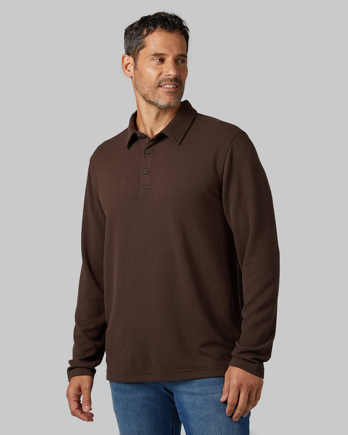 32 Degrees Bark _ Men's Everyday Comfort Long sleeve Polo {model: Eduardo is 6'1", wearing size M}{bottom}{right} {bottom}{right}
