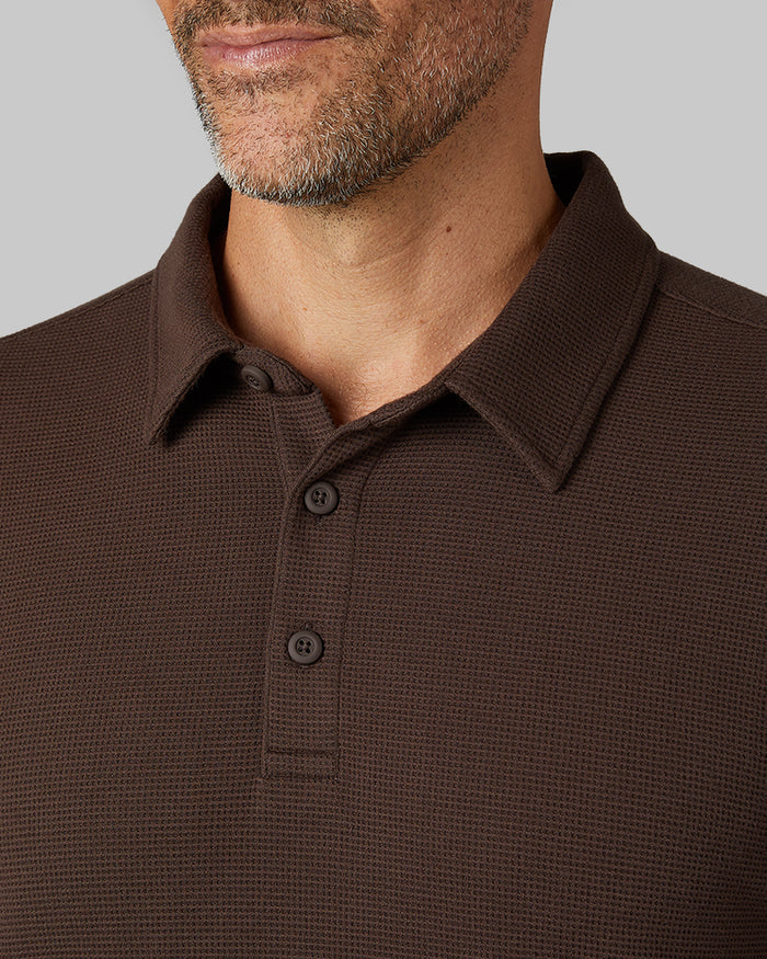 32 Degrees Bark _ Men's Everyday Comfort Long sleeve Polo {model: Eduardo is 6'1", wearing size M}{bottom}{right} {bottom}{right}