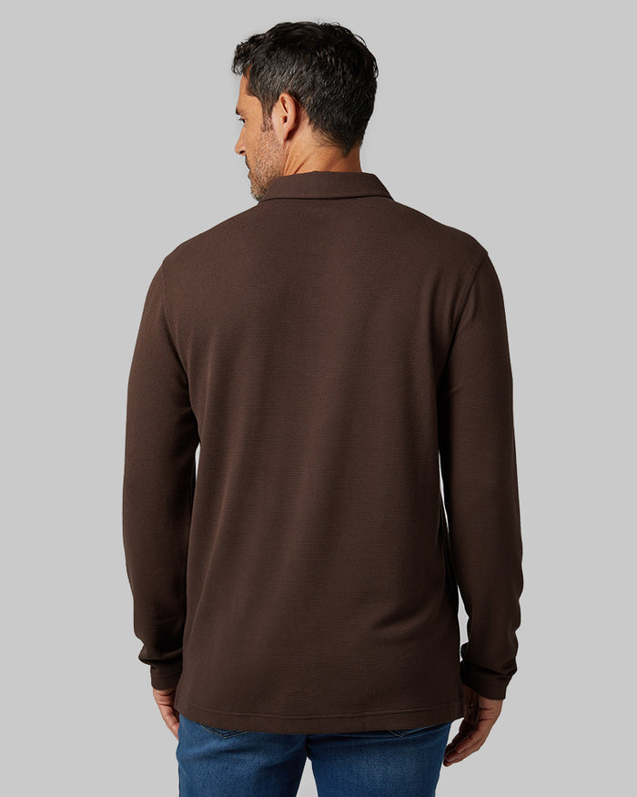 32 Degrees Bark _ Men's Everyday Comfort Long sleeve Polo {model: Eduardo is 6'1", wearing size M}{bottom}{right} {bottom}{right}