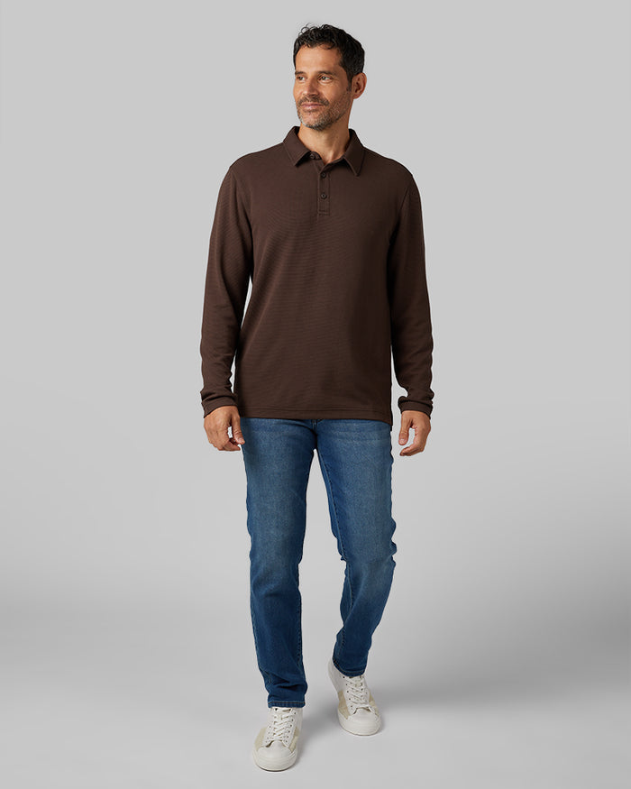 32 Degrees Bark _ Men's Everyday Comfort Long sleeve Polo {model: Eduardo is 6'1", wearing size M}{bottom}{right} {bottom}{right}