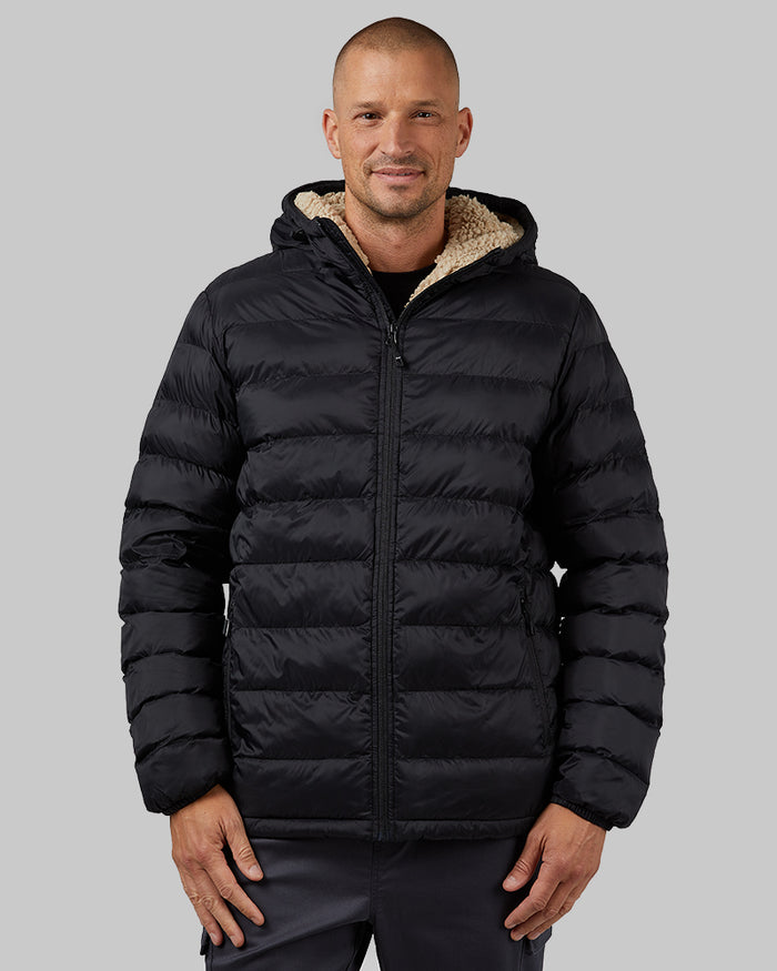 32 Degrees Black _ Men's Hooded Sherpa-Lined Jacket {model: Dennis is 6'1", wearing size M}{bottom}{right} {bottom}{right}