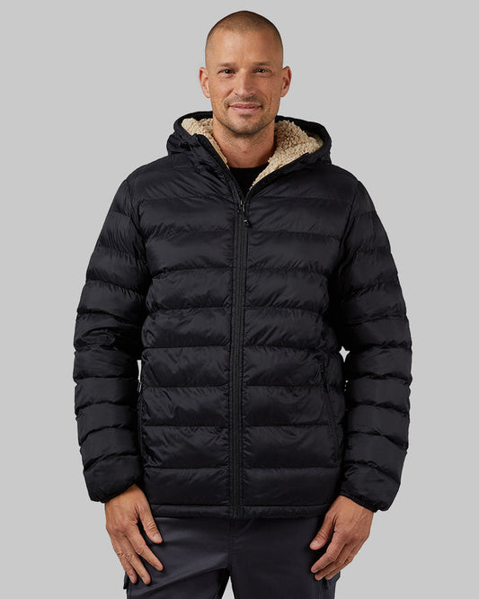 32 Degrees Black _ Men's Hooded Sherpa-Lined Jacket {model: Dennis is 6'1", wearing size M}{bottom}{right} {bottom}{right}