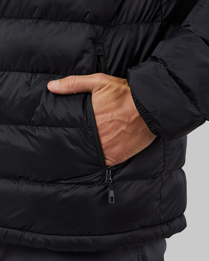 32 Degrees Black _ Men's Hooded Sherpa-Lined Jacket {model: Dennis is 6'1", wearing size M}{bottom}{right} {bottom}{right}