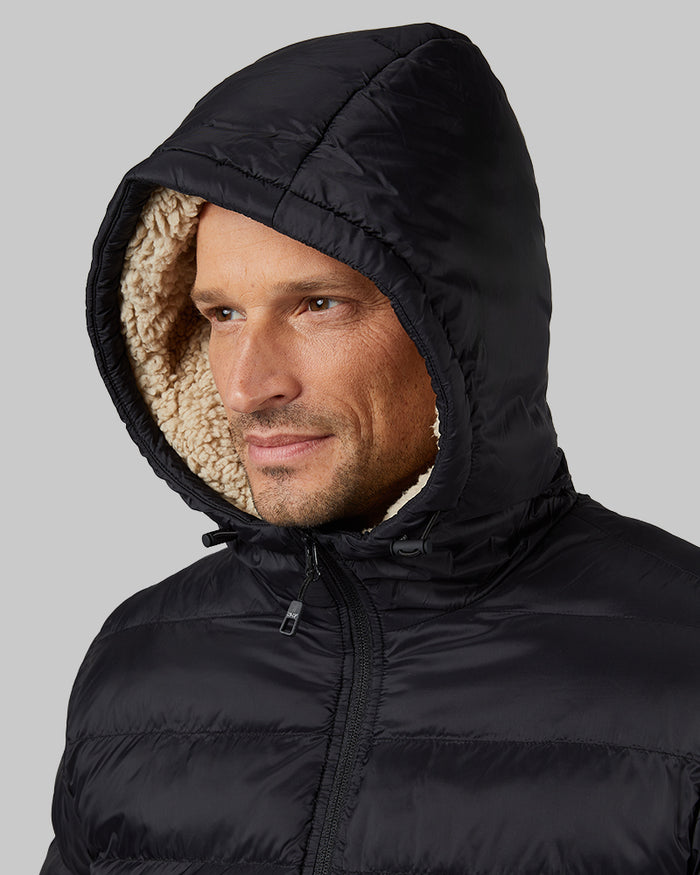 32 Degrees Black _ Men's Hooded Sherpa-Lined Jacket {model: Dennis is 6'1", wearing size M}{bottom}{right} {bottom}{right}